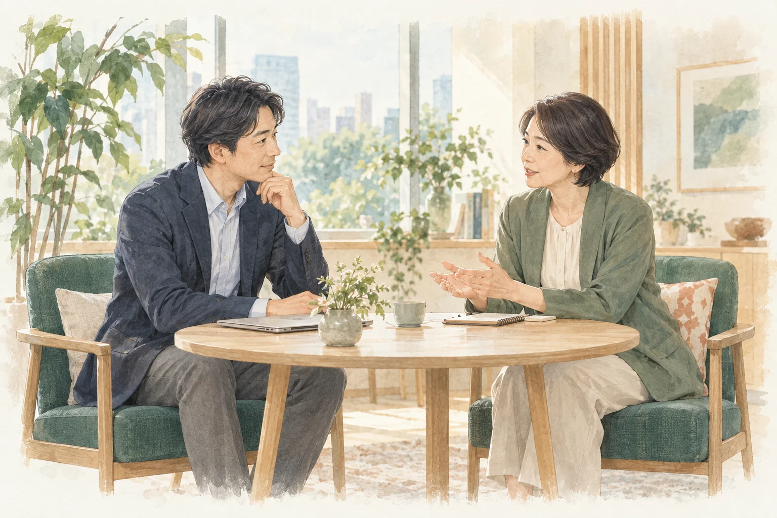 仕事と介護の両立について、働く人と専門家が落ち着いて相談するイメージイラスト