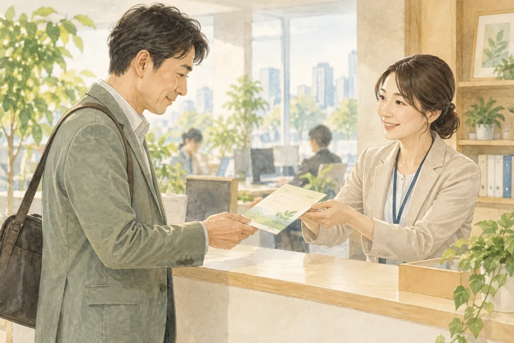介護情報の案内を受け取る社員のイラスト