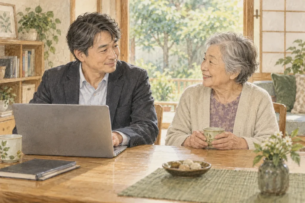 仕事をしながら高齢の家族に寄り添う会社員のイラスト