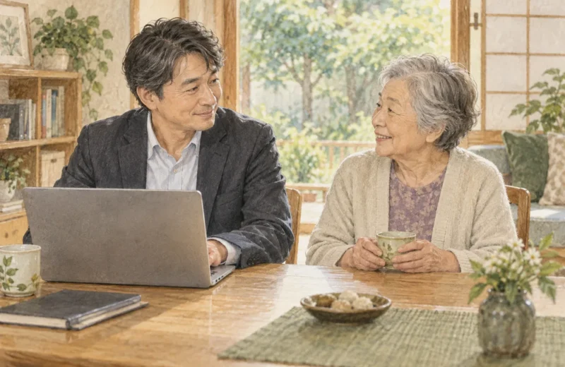 仕事をしながら高齢の家族に寄り添う会社員のイラスト