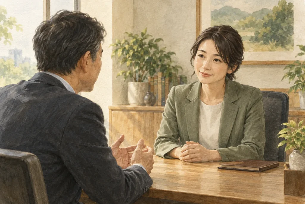 個室で社員の相談に耳を傾ける人事担当者のイラスト