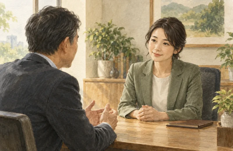 個室で社員の相談に耳を傾ける人事担当者のイラスト