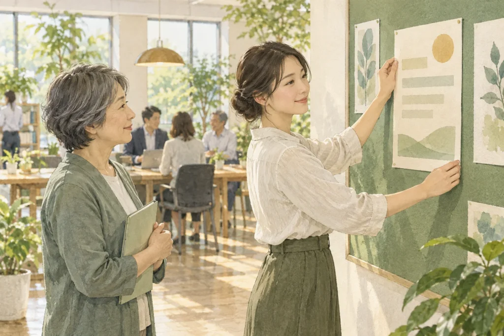 両立支援の案内を社内掲示する担当者のイラスト