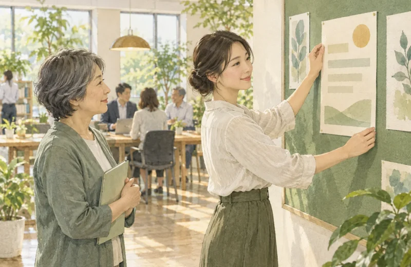 両立支援の案内を社内掲示する担当者のイラスト
