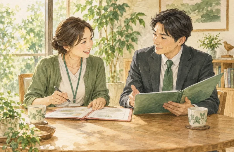 ケアマネジャーと人事担当者が連携を話し合うイラスト