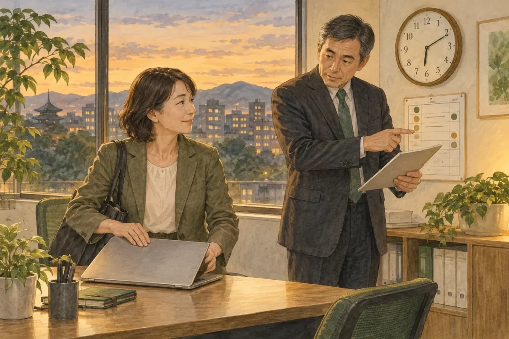 残業や勤務の予定を相談する社員と管理職のイラスト
