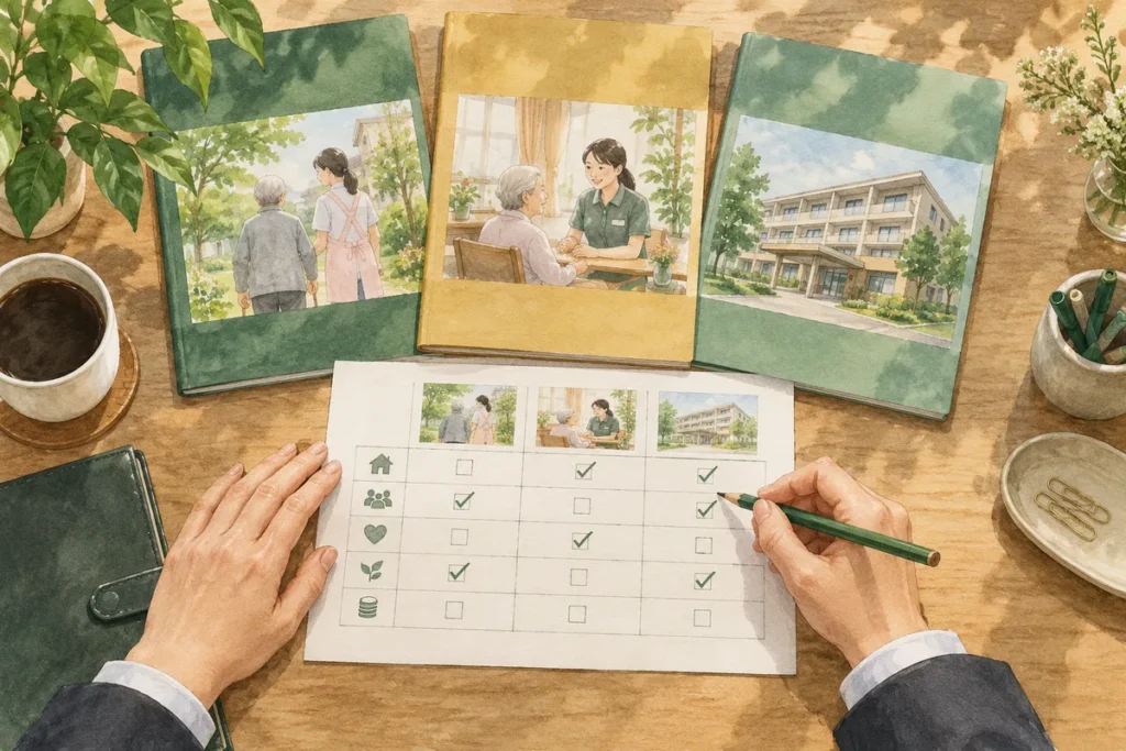 支援サービスの資料を比較するイラスト