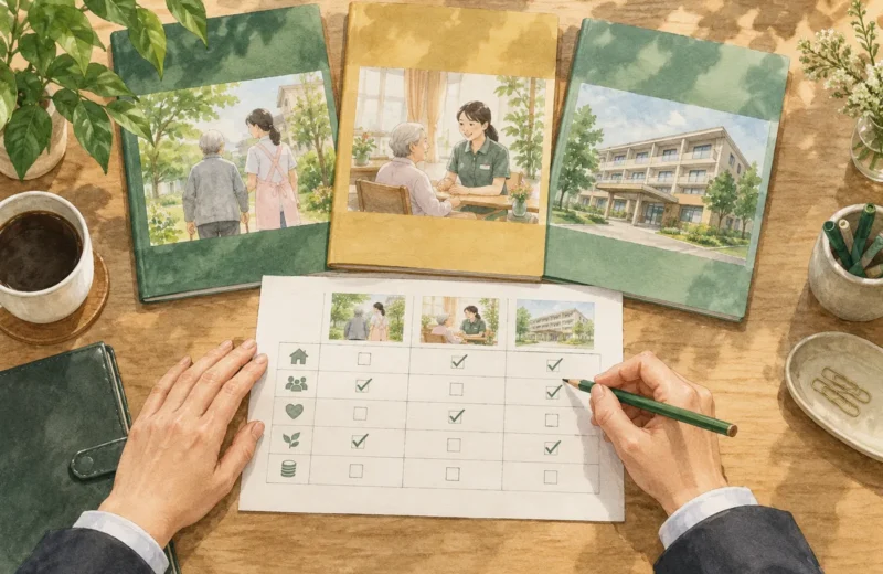 支援サービスの資料を比較するイラスト