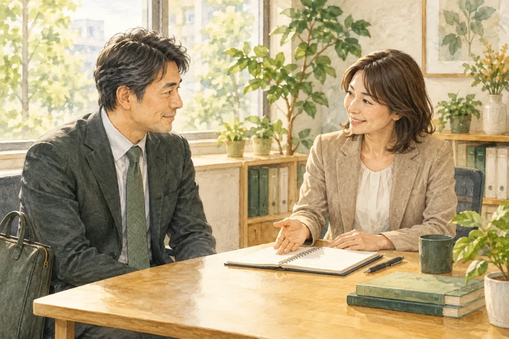 職場復帰に向けて面談する社員と管理職のイラスト