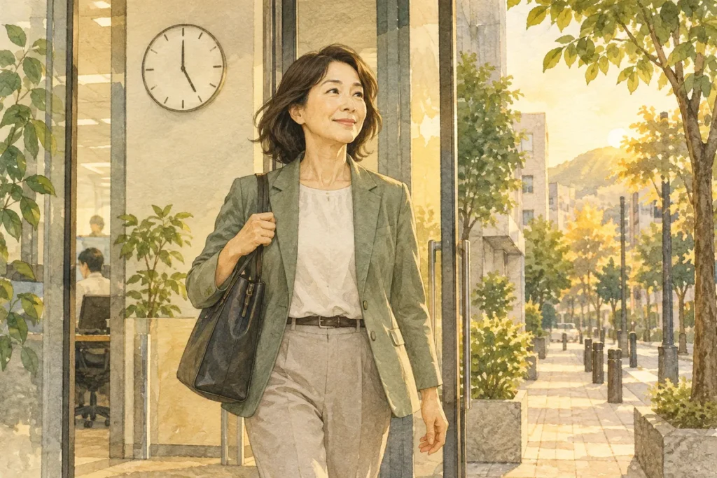 勤務時間を調整して職場を出る会社員のイラスト