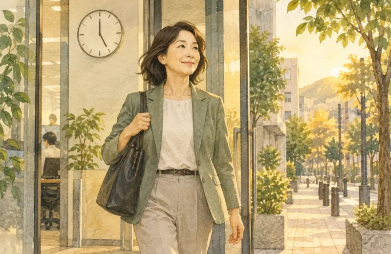 勤務時間を調整して職場を出る会社員のイラスト