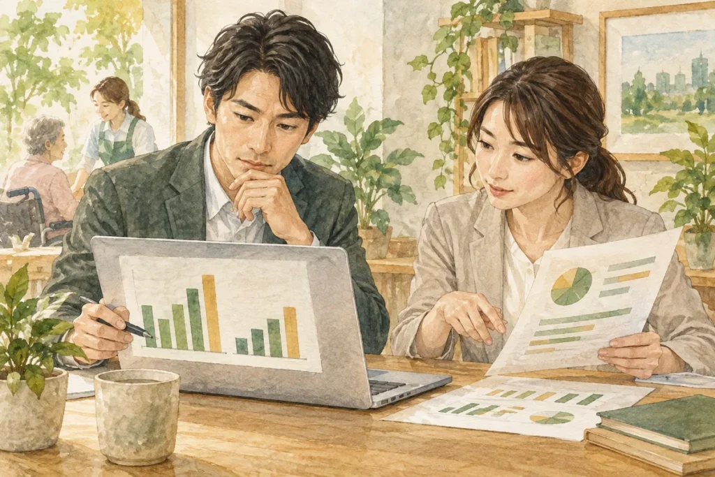 両立支援の指標を確認する人事担当者のイラスト