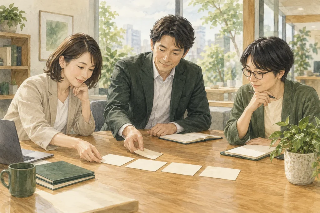 両立支援の導入計画を話し合う人事担当者のイラスト
