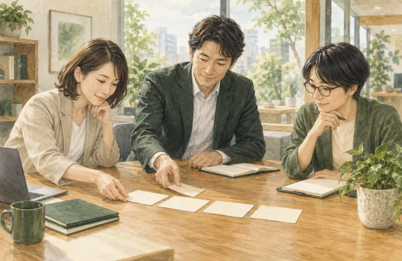 両立支援の導入計画を話し合う人事担当者のイラスト