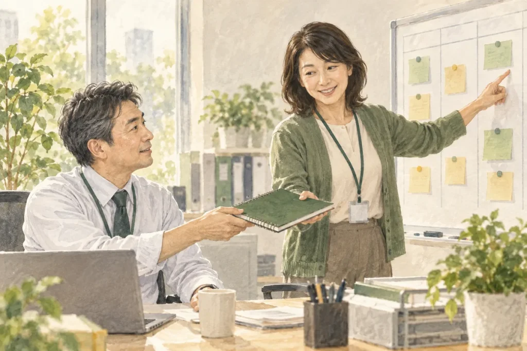 仕事のノートを渡して業務を引き継ぐ同僚のイラスト