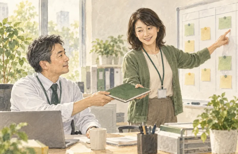 仕事のノートを渡して業務を引き継ぐ同僚のイラスト