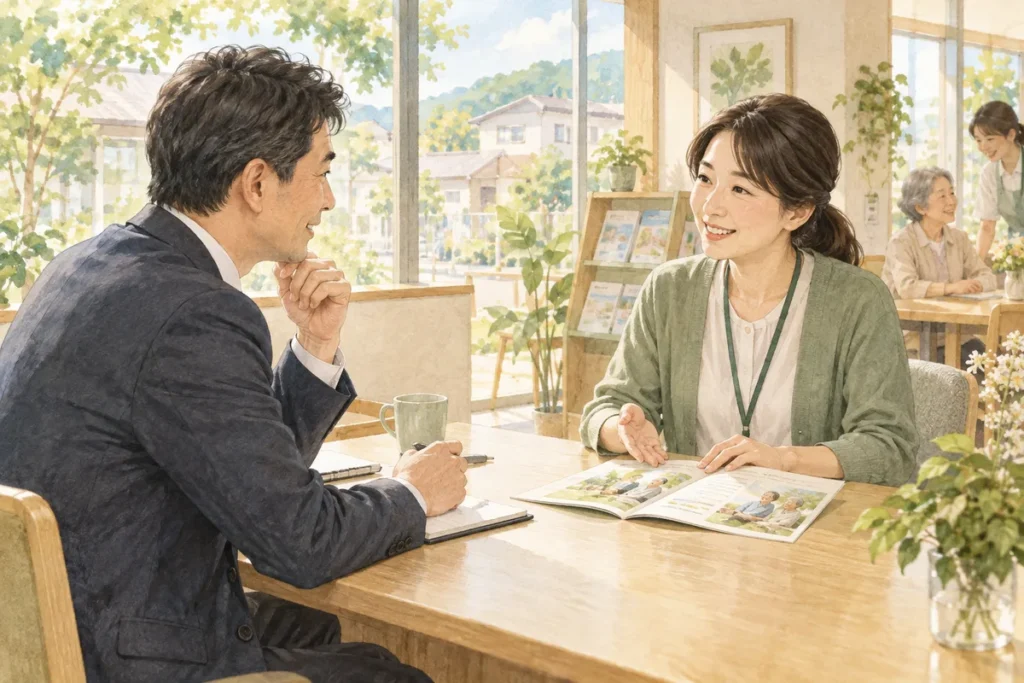 地域の相談窓口で介護について相談する会社員のイラスト