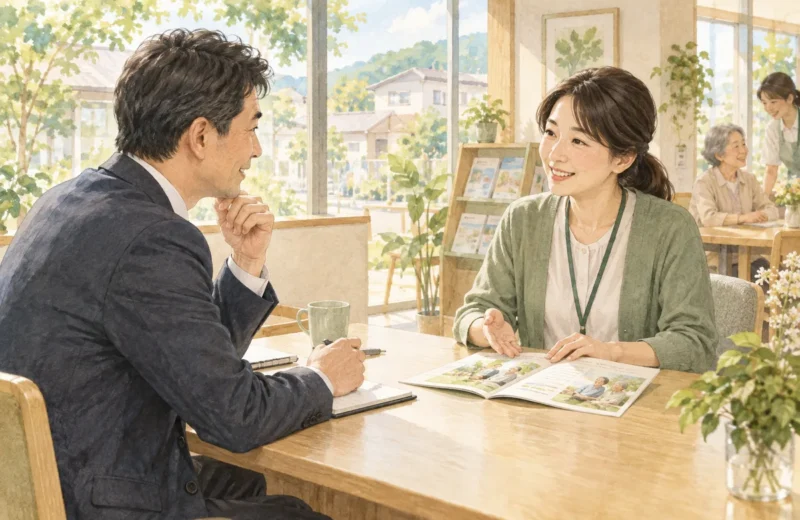 地域の相談窓口で介護について相談する会社員のイラスト