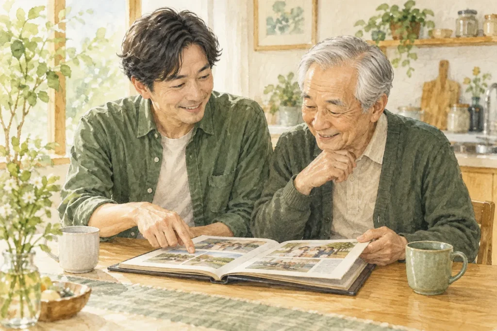 高齢の父と写真を見ながら穏やかに過ごす家族のイラスト