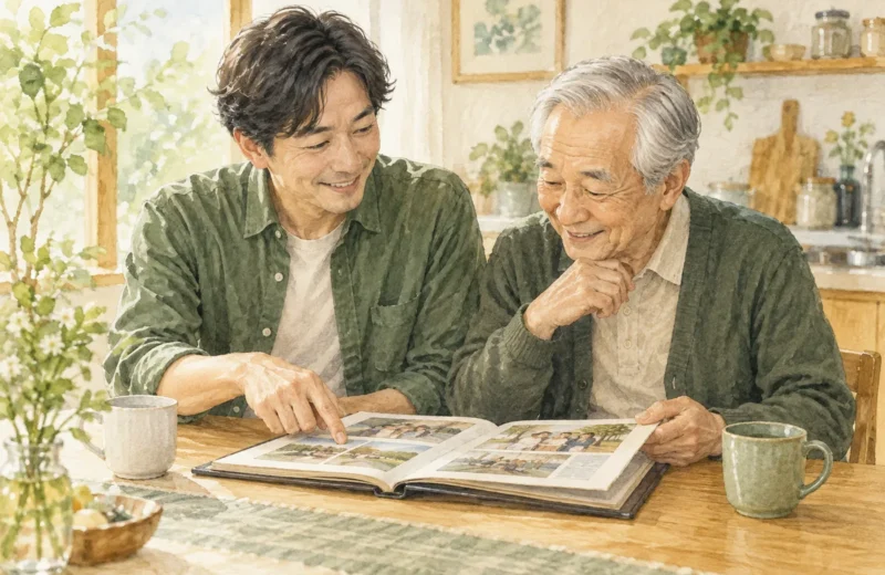 高齢の父と写真を見ながら穏やかに過ごす家族のイラスト