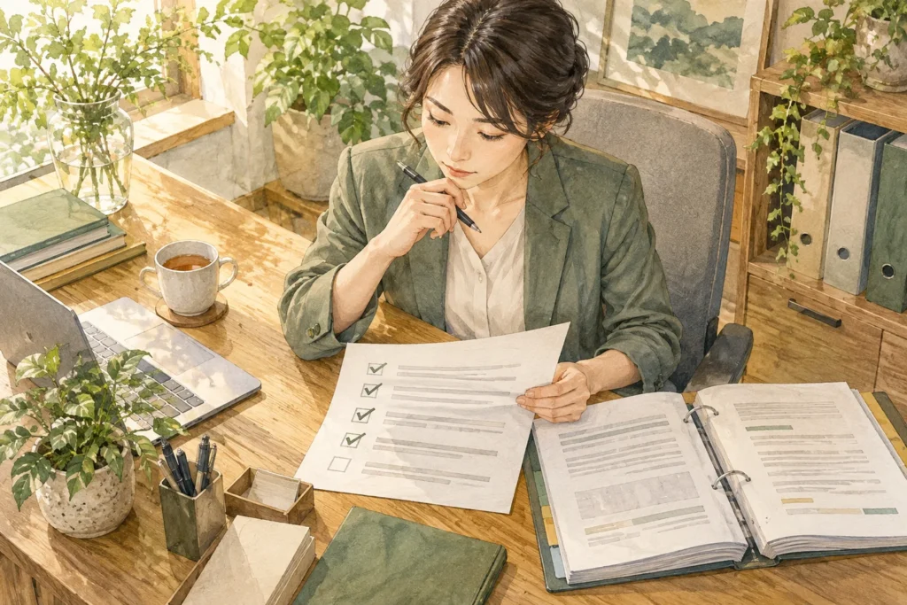 制度のチェックリストを確認する人事担当者のイラスト