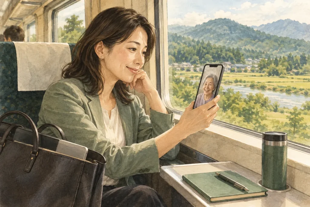 列車で移動しながら離れた家族と連絡する会社員のイラスト