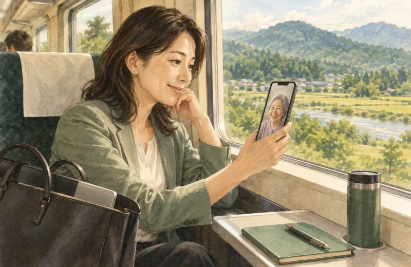 列車で移動しながら離れた家族と連絡する会社員のイラスト
