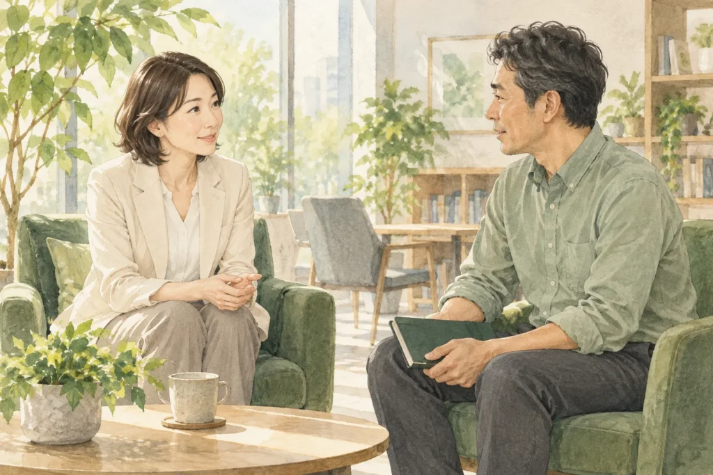 介護について部下の話を聞く管理職のイラスト