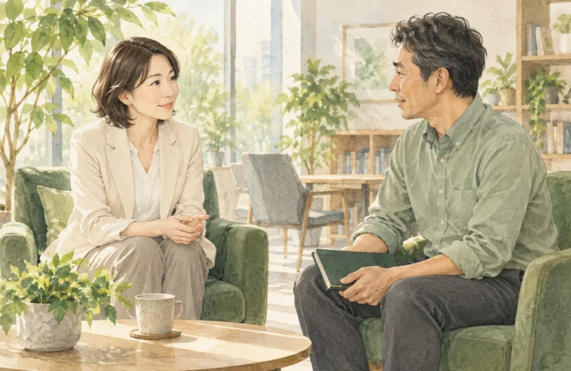介護について部下の話を聞く管理職のイラスト