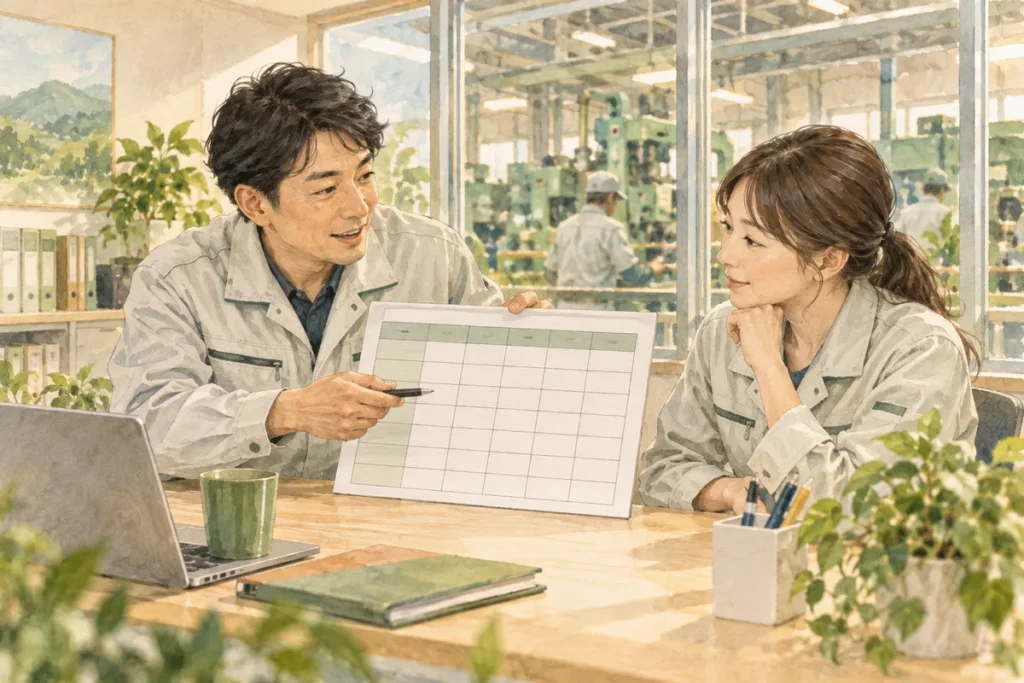 製造業の職場で勤務表を相談する同僚のイラスト