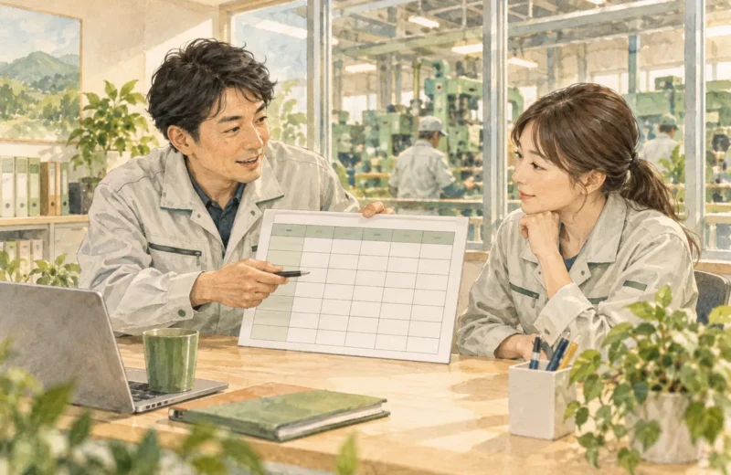 製造業の職場で勤務表を相談する同僚のイラスト