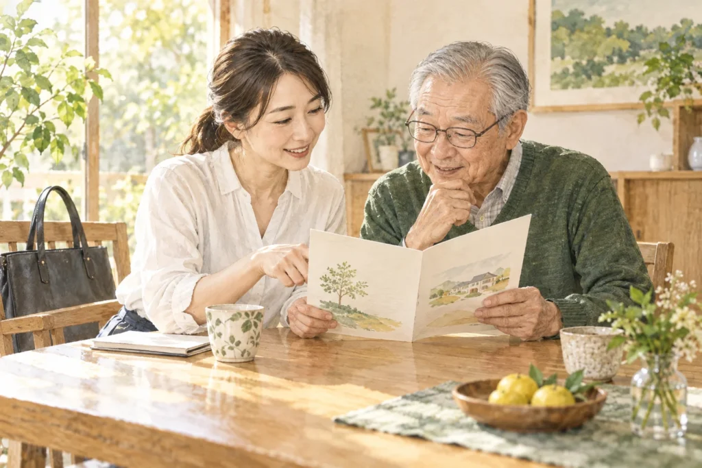 介護の案内を一緒に読む親子のイラスト