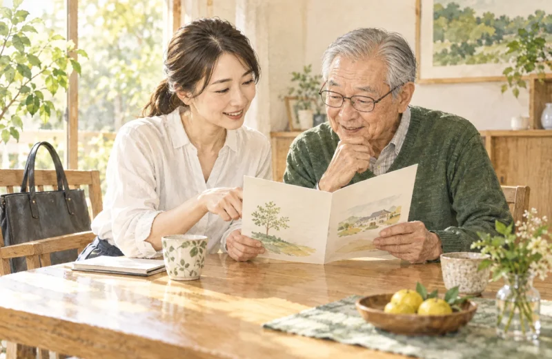 介護の案内を一緒に読む親子のイラスト