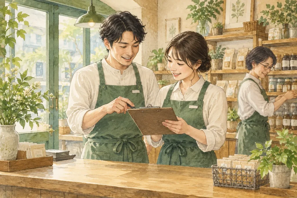 店舗で勤務の引き継ぎを相談するスタッフのイラスト