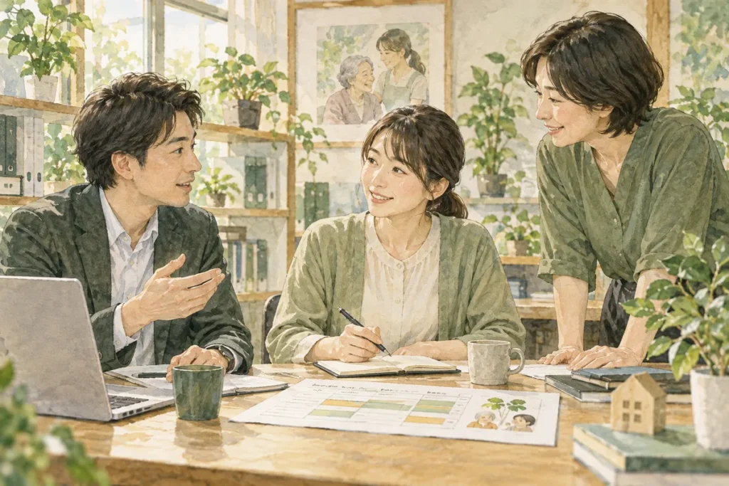 小規模な職場で両立支援を話し合う同僚のイラスト