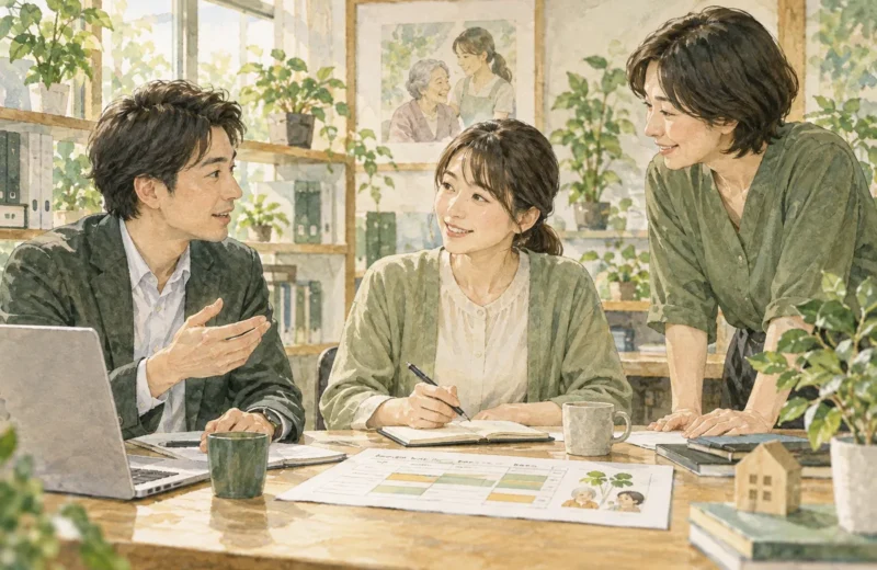 小規模な職場で両立支援を話し合う同僚のイラスト
